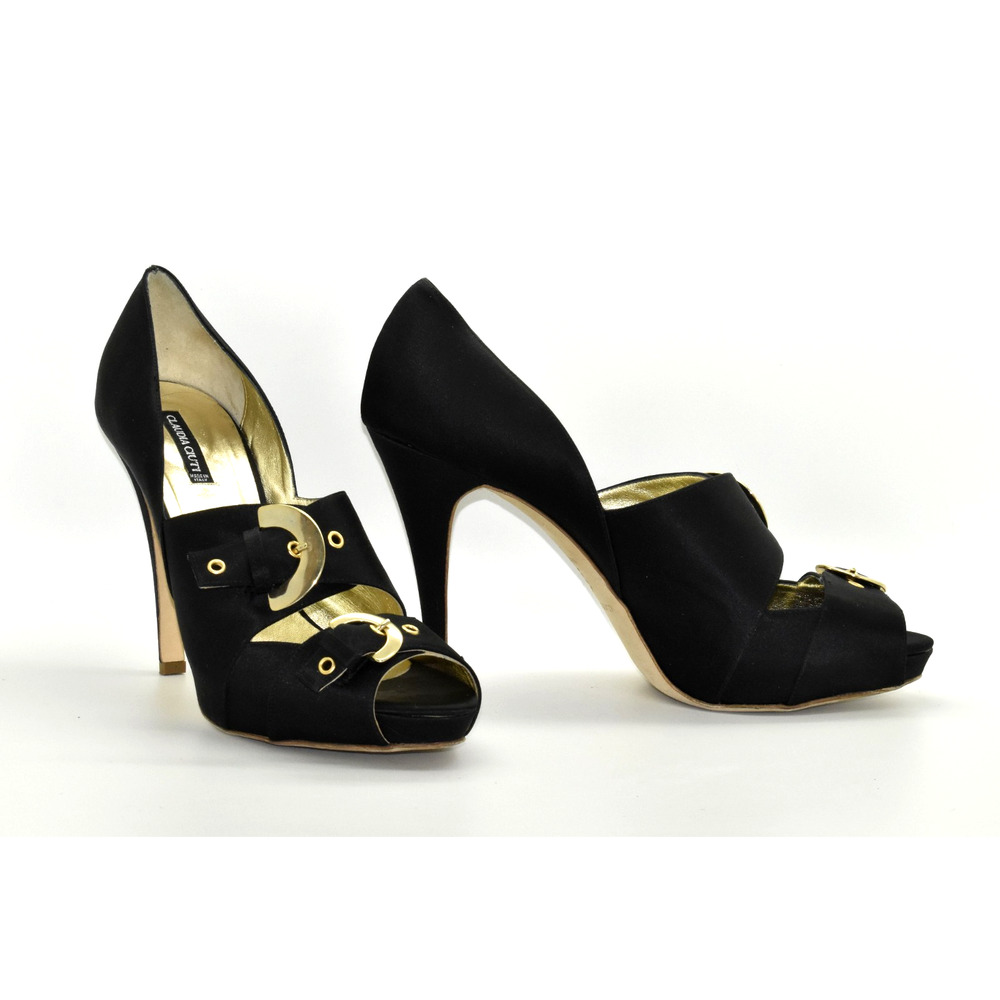A8 Auth CLAUDIA CIUTI 90s Black Satin Gold Buckles Platform Heels Size 11M